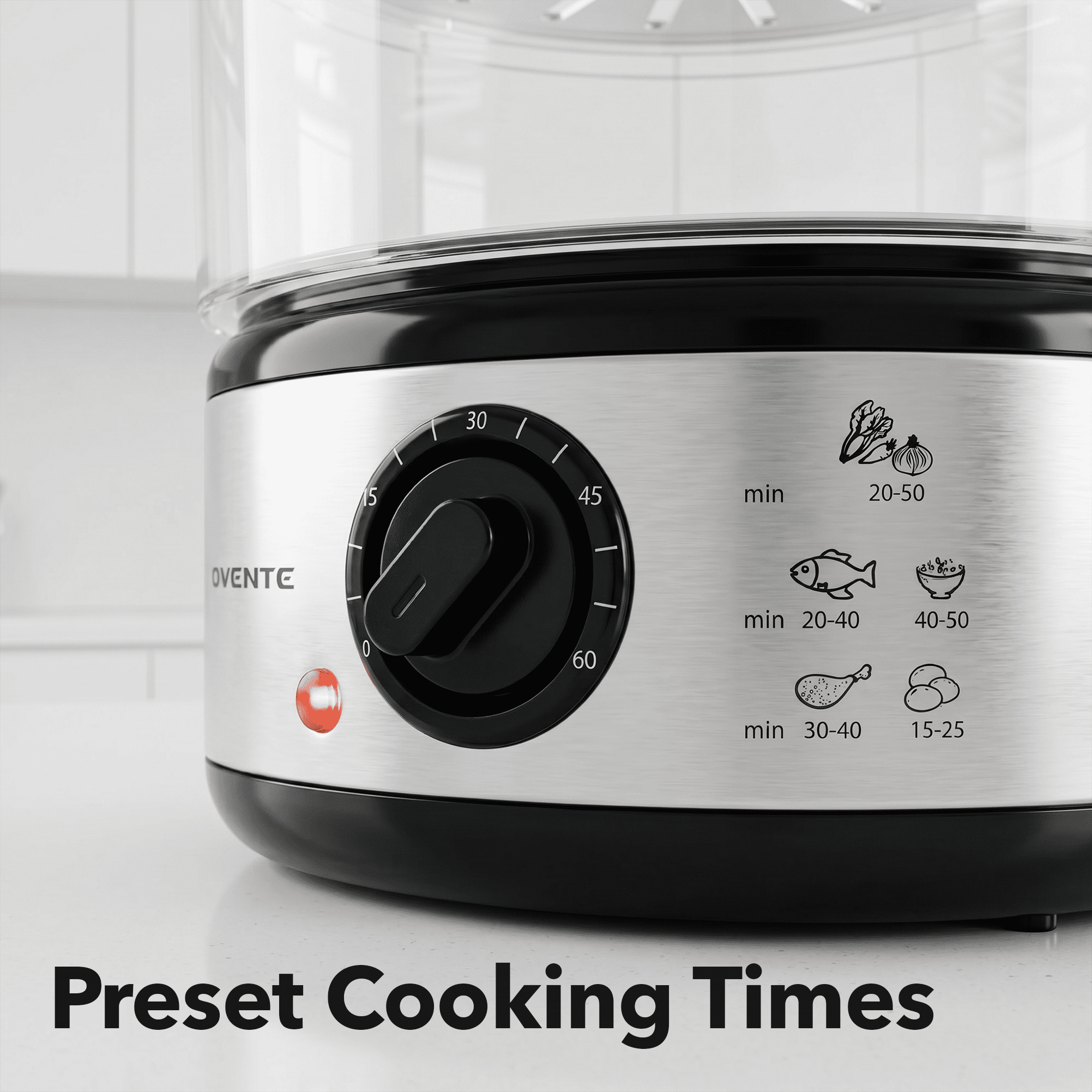 OVENTE 2-Tier Electric Food Steamer, 5 Quart Stainless Steel Stackable Steam Cooker with 400W Power, 60-Minute Timer & Auto Shut-Off, Dishwasher Safe, Healthy Vegetable & Seafood Steamer, Silver FS62