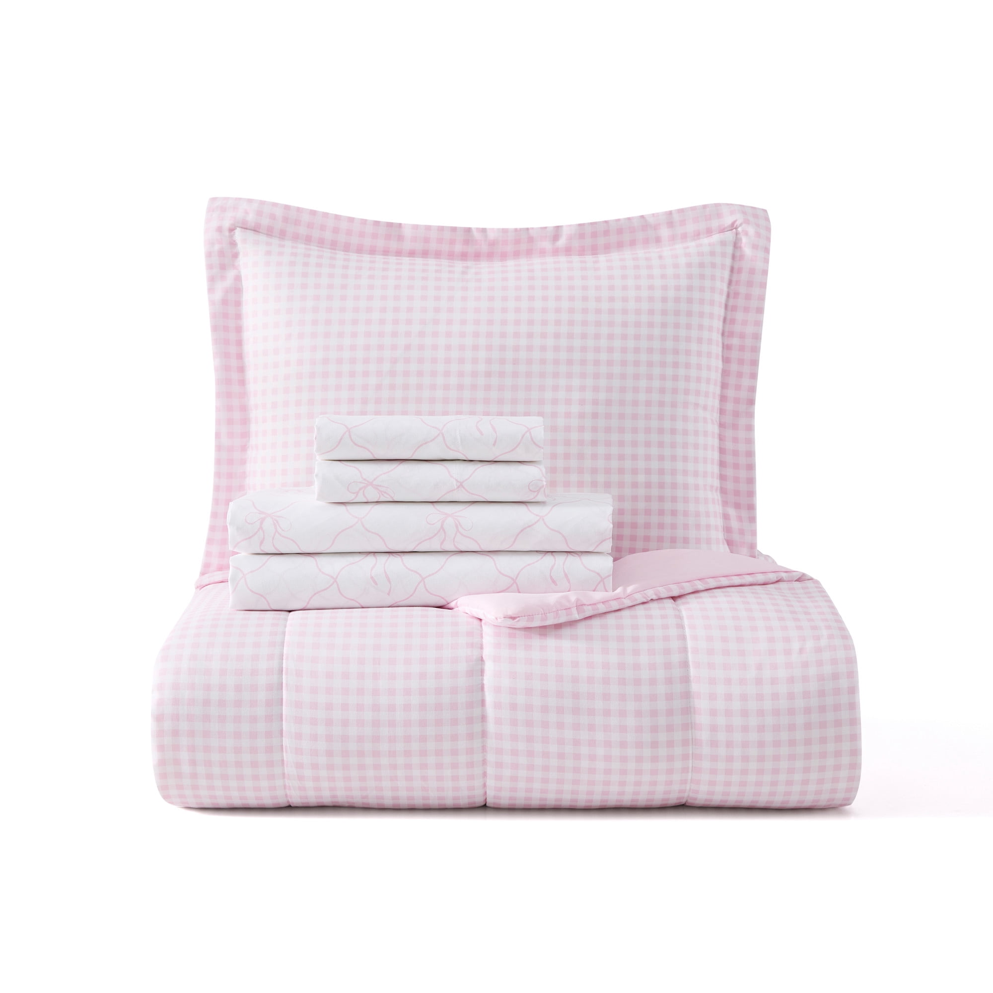 Dream Factory 5-Piece Checkered Bows Bed in a Bag, Pink, Twin