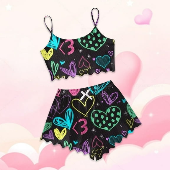 Women's Pajama Set Heart Print Sleeveless Top and Shorts Comfortable and Stylish for Lounge and Sleep