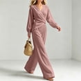 thumbnail image 4 of LEKWK 2 Piece Sets for Women Elegant V Neck Long Sleeve Wrap Top and Wide Leg Pants Casual Matching Sets Vacation Casual Loungewear, 4 of 5