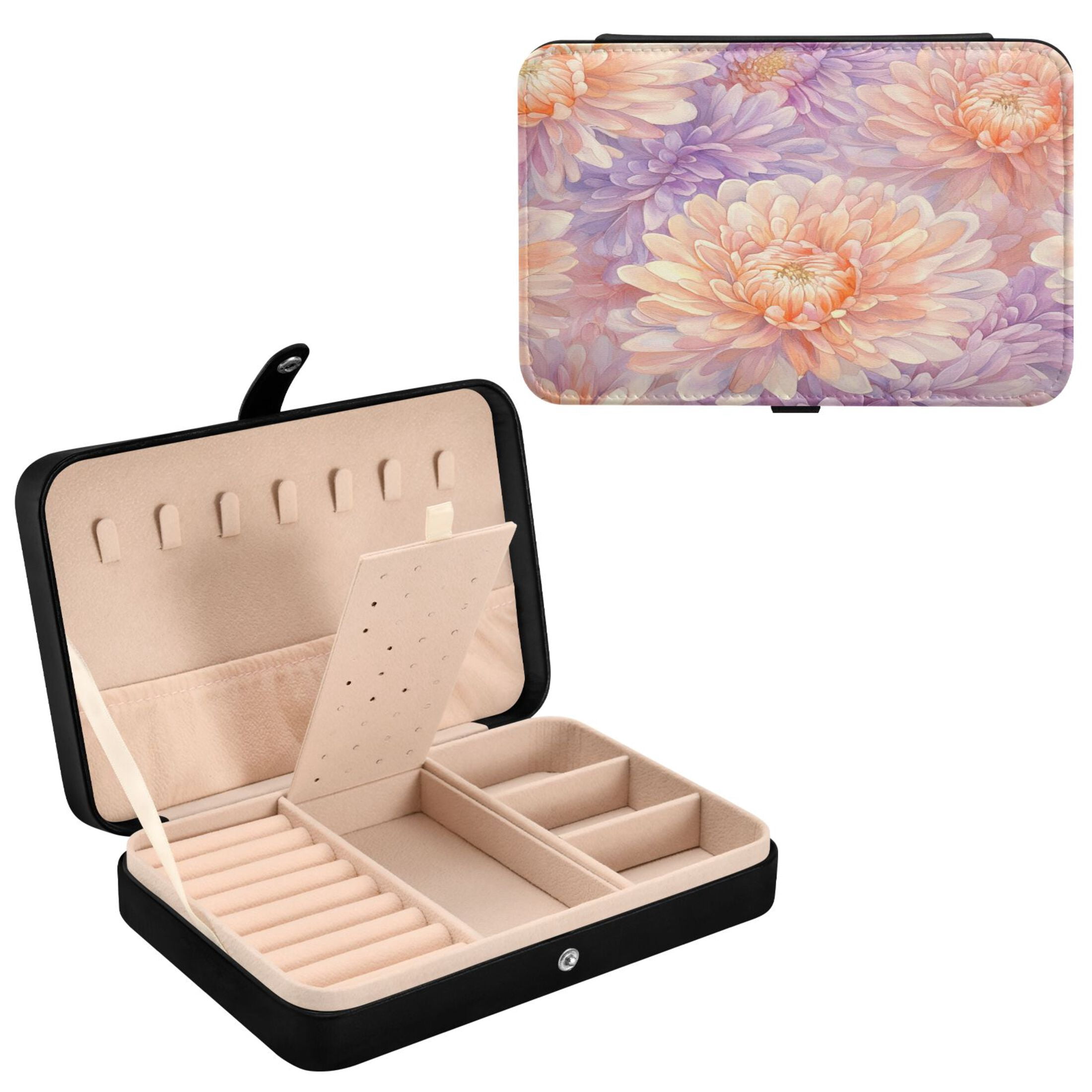 Leather Jewelry Box Rectangular 8.27x5.5x1.78In Travel Jewelry Storage Earrings Necklace Bracelet Watch Brooch Storage Chrysanthemums Cream