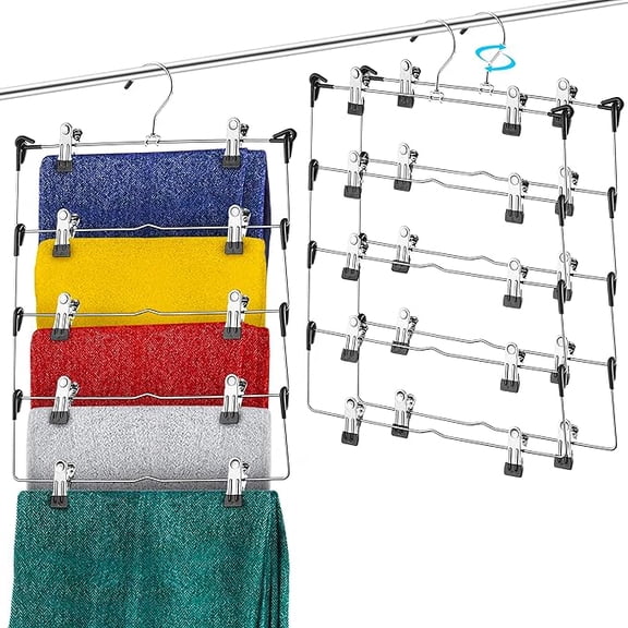 DEILSY 5-Tier Skirt and Pants Hangers with Clips - Space-Saving Metal Clothes Hangers with Adjustable Anti-Slip Clips for Skirts, Pants, Dresses, and More - Pack of 3