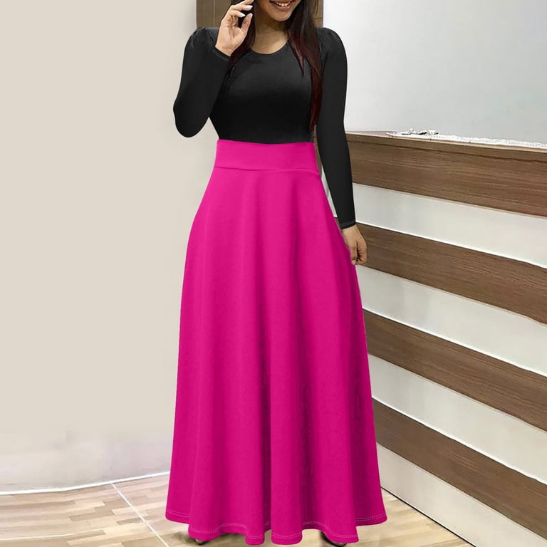 Fall Wedding Guest Dresses for Women Women's Maxi Dress Solid Long Sleeve  Round-Neck Pullover Patchwork Dress Ruched Dress Hot Pink-A L - Walmart.com