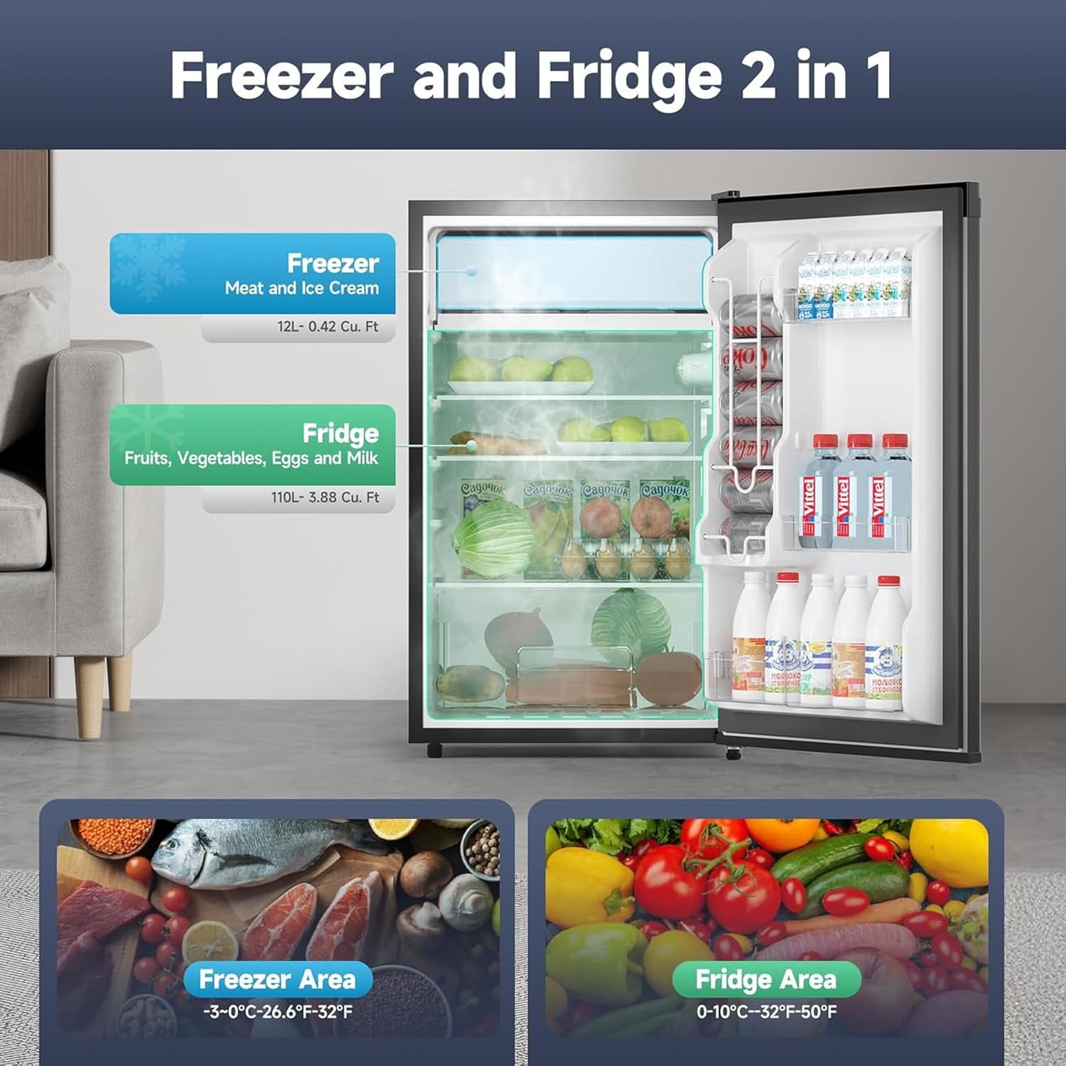 M optimized Mini Fridge with Freezer, 4.3 Cu.Ft Single Door Refrigerator whit 7 Settings Temperature Adjustable and 3 Removeble Shelves, Low Noise, Refrigerator for Home, Office, Dorm, Garage or RV