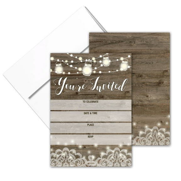 Stonehouse Collection Rustic Party Invites with Envelopes - 25 Count, 7" x 5" ,