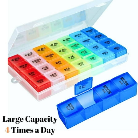 Pill Organizer 4 Times a Day,Portable Weekly Pill Box Medicine Organizer Box 7 Days 28 Compartment to Hold Vitamins, Medication，Medical Plastics