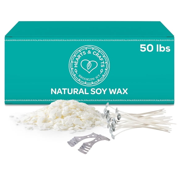 Hearts & Crafts Candle Making Kit - 50 lbs Soy Wax Flakes with 100 Pieces Pre-Waxed 6-Inch Wicks and 2 Metal Centering Devices - Premium DIY Candle Making Supplies