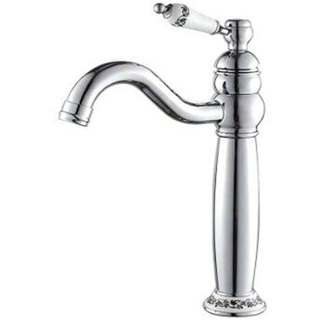 Bathroom Basin Mixer Tap,Classic Vintage Floral Ceramic High Single Lever Faucet,Bathroom Sink Mixer Tap,Equipped with 2 water inlet pipes (60cm) - Silver