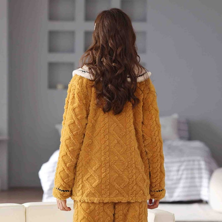 Women's Autumn And Winter Thickened Warm Coral Velvet Long Sleeve+Pants  Worn Out Home Pajama Suit Tietoc