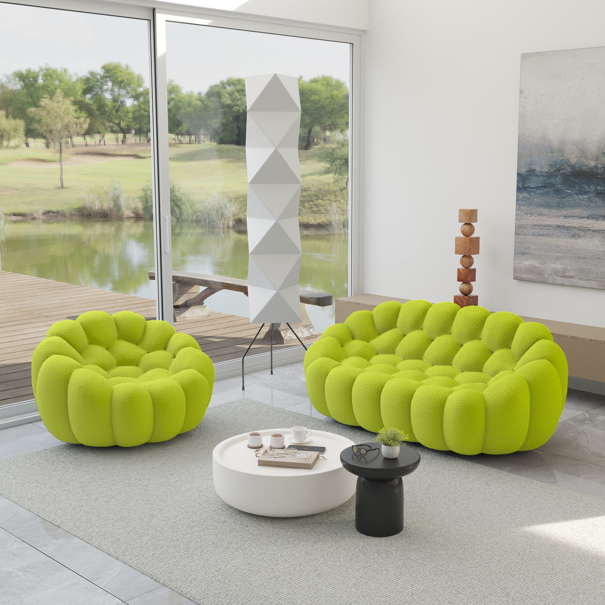 Sodrens 79.53" Bubble Couch with Ottoman,Modern Upholstered Mesh Fabric Lazy Floor Sofa,3D Honeycomb Shape Bubble Sofa Curved Couch for Living Room,Office,Apartment,No-Assembly(Fluorescent Green)