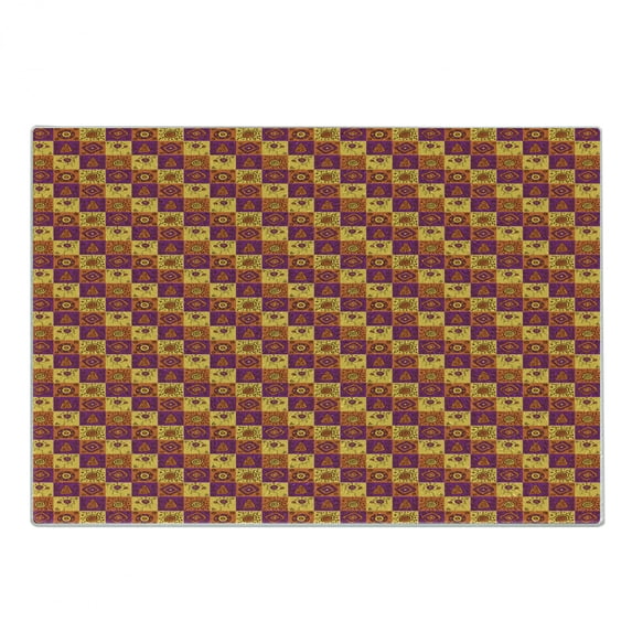 Tribal Cutting Board, Funky Timeless Forms Historical Folk Bohemian, Decorative Tempered Glass Cutting and Serving Board, Small Size, Orange Purple and Yellow, by Ambesonne
