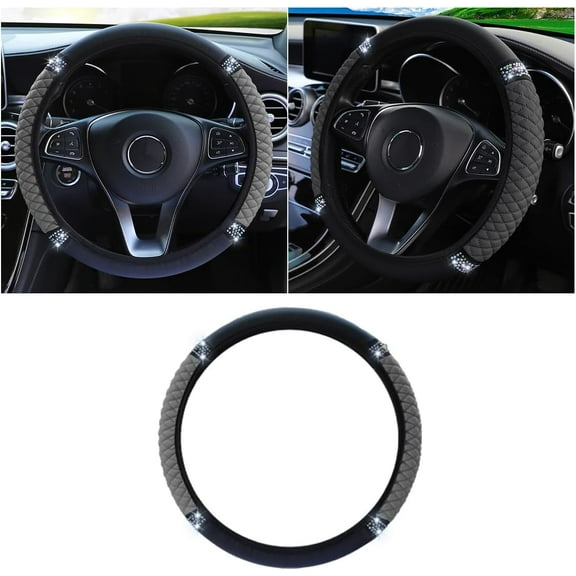Bling Soft Leather Steering Wheel Cover, 15 Inch Colorful Rhinestones Auto Elastic Protector with Crystal Diamond for Women Girls, Car Accessories for Most Cars, SUVs (Grey)