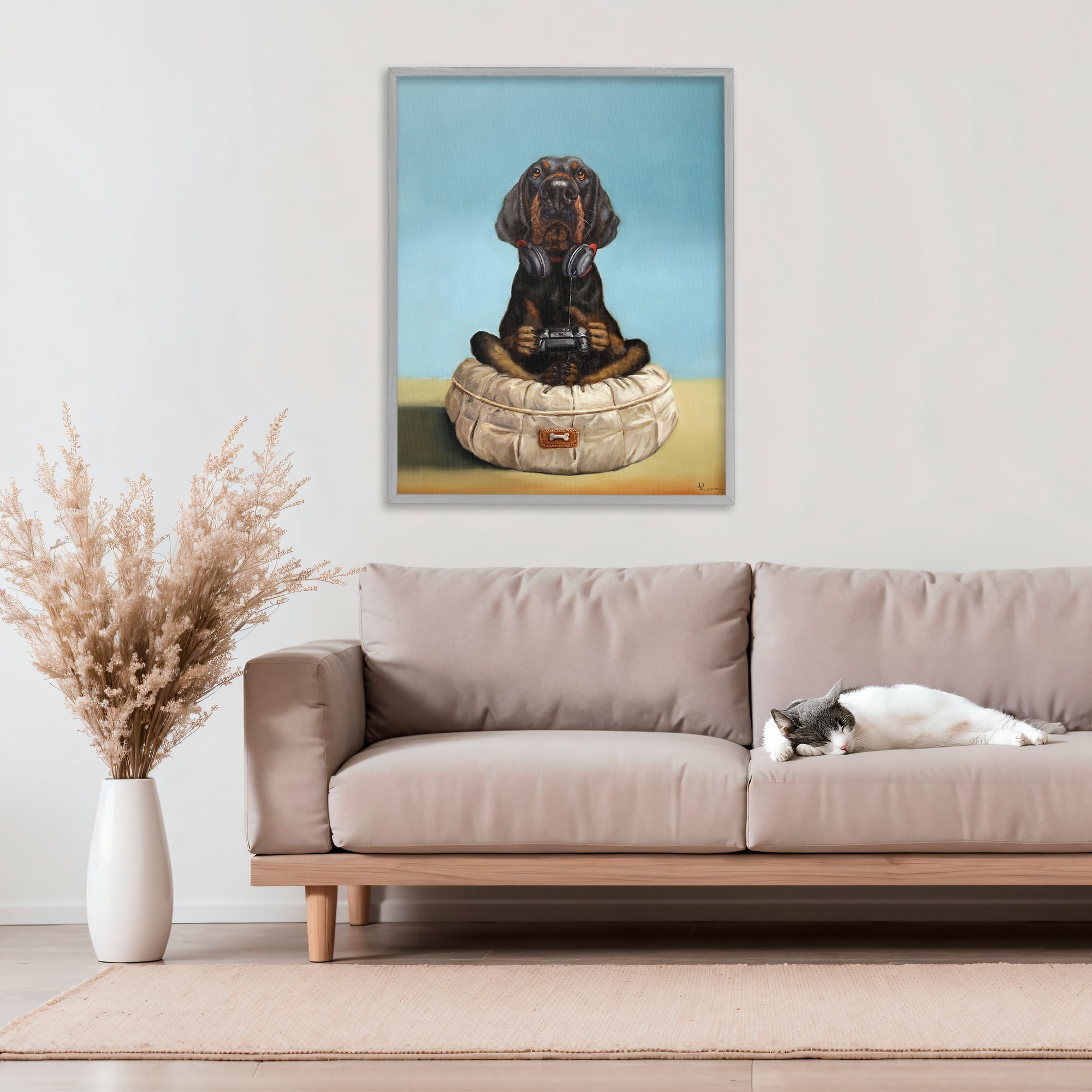 Stupell Industries Game Boy Playing Dog Gray Framed Giclee Art, design by Lucia Heffernan