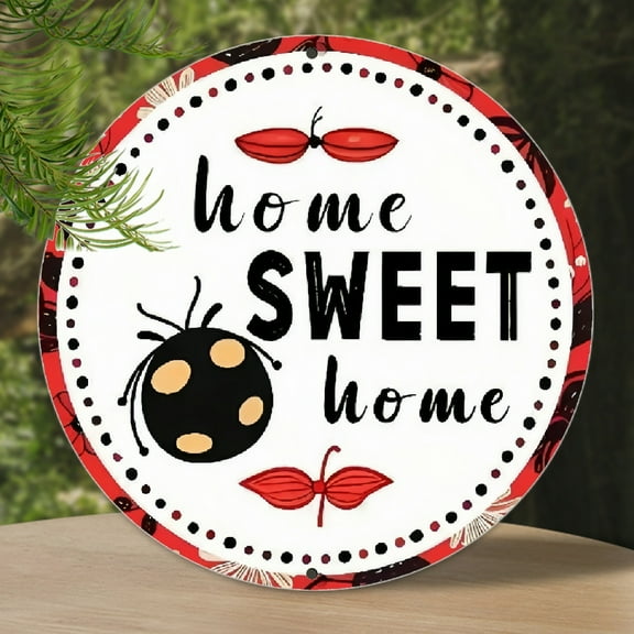1pc 2D Flat Decor 8''x8'' Retro Round Sign Ladybug Home Sweet Home Wreath Metal Tin Sign Circular Sign, 8x8 inch Wall Art Round Shaped Aluminum Sign, Garden Metal Sign for Home Party Decor