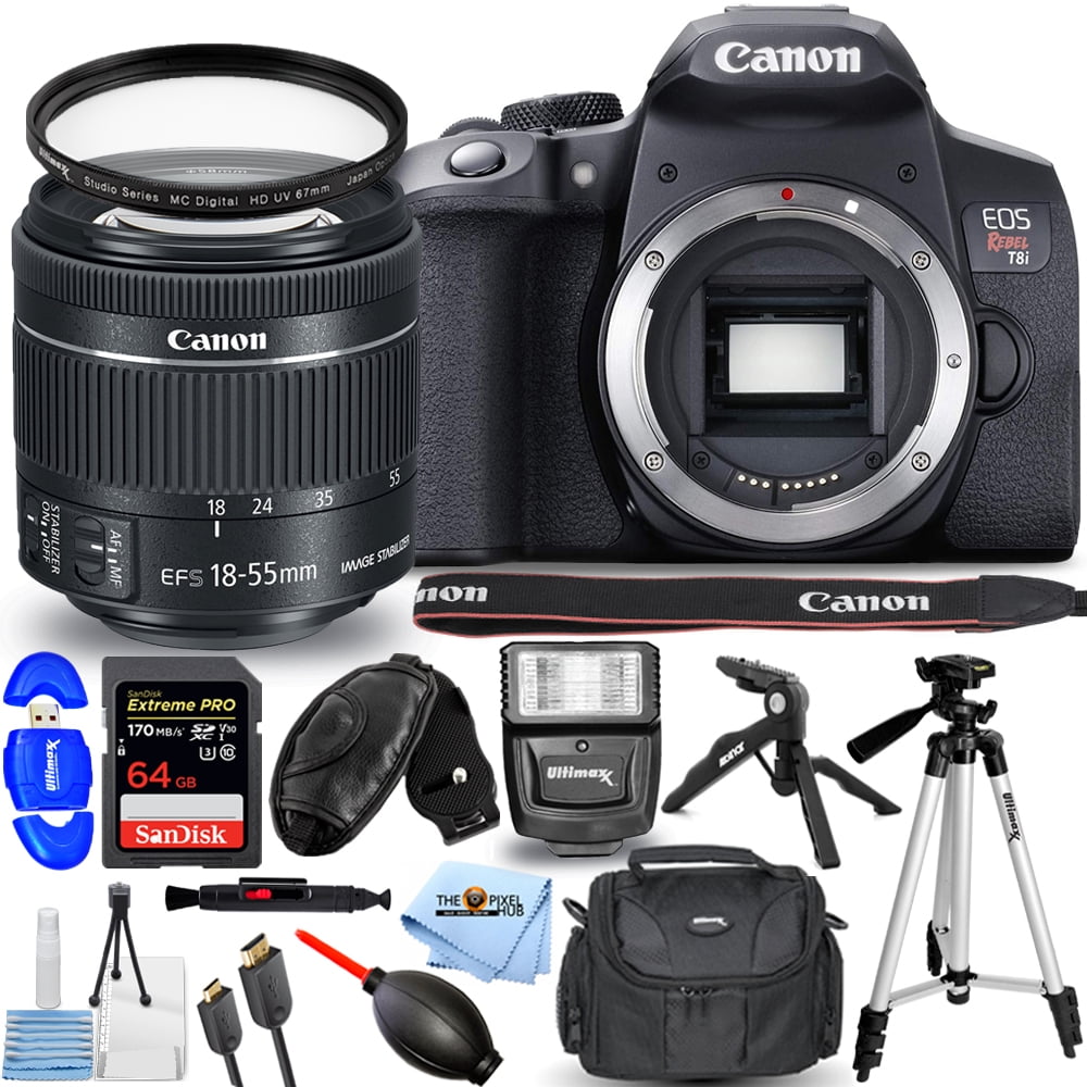 Canon EOS Rebel T8i DSLR with 1855mm Lens + 64GB + Flash + Tripod