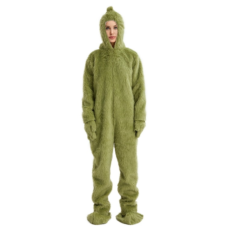 Inevnen Halloween Christmas Matching Family Pajamas Green Big Furry Monster Hoodie Jumpsuit Cosplay Costume for Adult Kids
