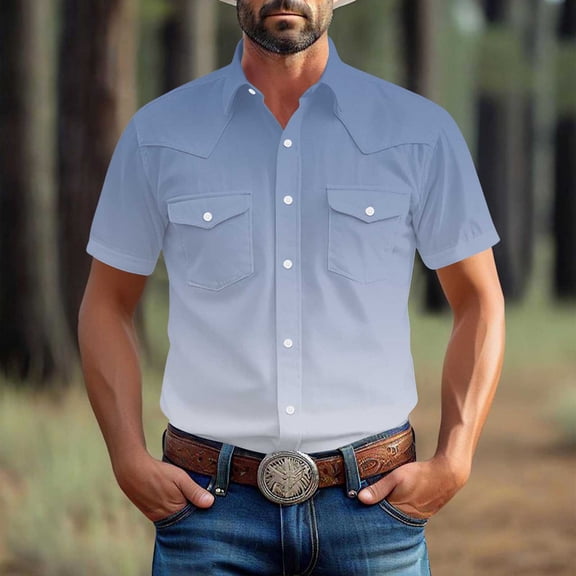 Yaoyar Mens Retro Solid Color Short Sleeve Gradient Top Button Down Pocket Collar Casual Top Traditional Heritage Design Classic Style Short Sleeve Shirt