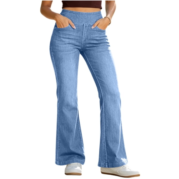 TRUNZI Wide Leg Jeans for Women Casual Stretchy High Waist Casual Pull On Flare Denim Pants with Pockets,Light Blue,Size L