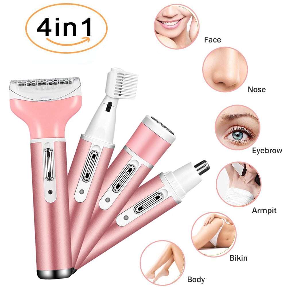 4 in 1 Electric Razor for Women,Cordless Hair Removal Ladies Shaver Painless Body Hair Trimmer Remover Rechargeable Epilator for Bikini Facial Nose Ear Eyebrows Leg Armpit Clipper Grooming Groomer Kit