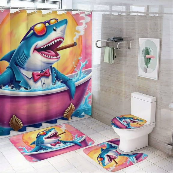 Shark Print Shower Curtain Set 4-Set Marine Animal Theme Bathroom Decor Set Includes Floor Mat ,Toilet Cover Mat ,U-Mat ,Shower Curtain with 12 Hooks,72inx72in