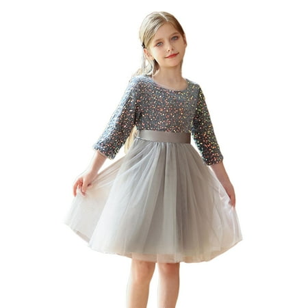 Byoo Tween Girls Tutu Dress Color Block Sequin Bodice Long Sleeve Formal Gown School Birthday Dresses for Child Grey