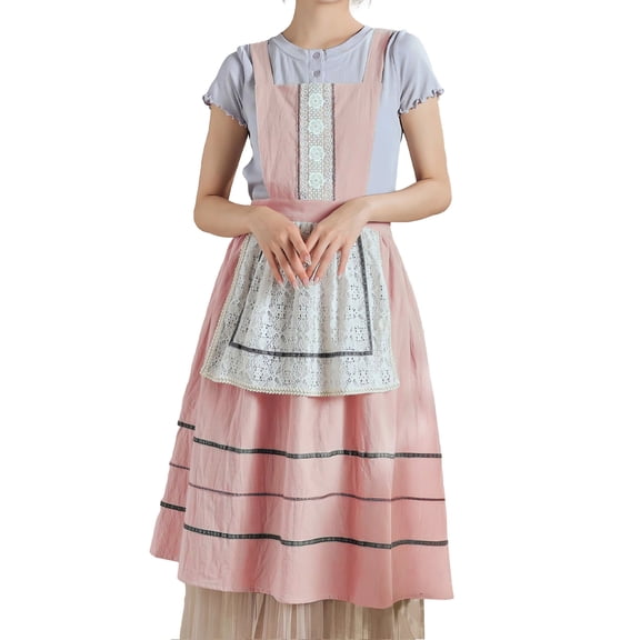 FEOYA Womens Pinafore Apron Dress Cooking Cotton Apron Kitchen Apron Lace Cute Aprons Home Loose Smock for Gardening Chef Baking Art Painting Pink