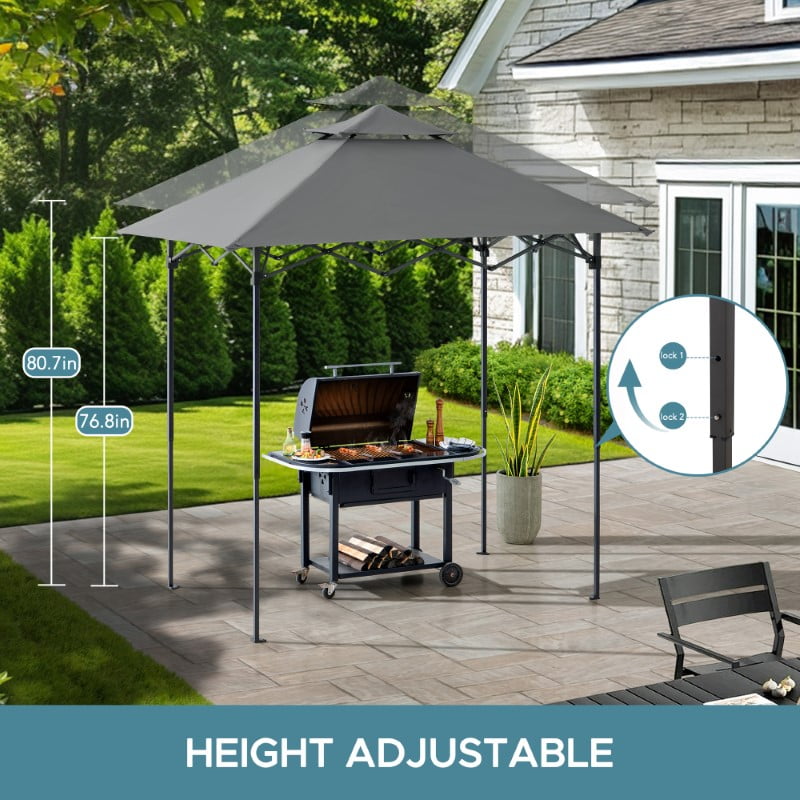 Sunjoy 8' x 5' Grill Gazebo Double Tiered Outdoor Gazebo Standing-Height Canopy with Magnetic LED Light, Adjustable Ceiling Height, for BBQ,Picnics, Outdoor Events, Gray