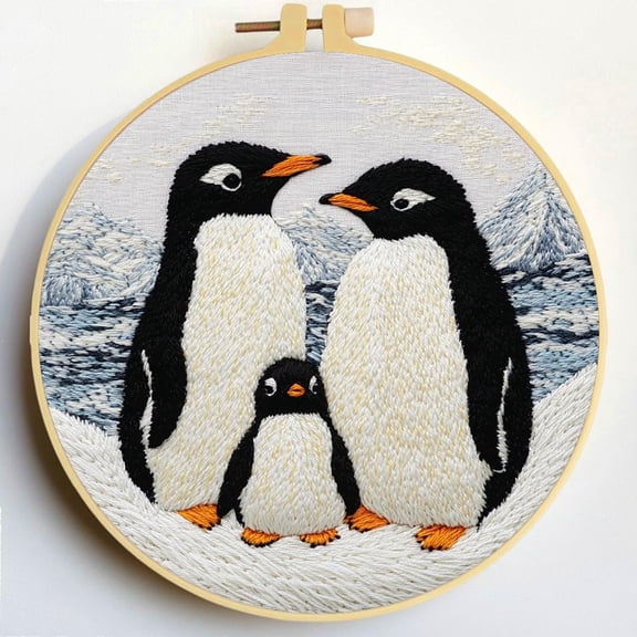 Punch Needle Kits Penguin Family Embroidery Starter Set with Hoop Easy for Beginners DIY Stress Relief Handmade Craft Hobby and Home Decor 20x20cm-1