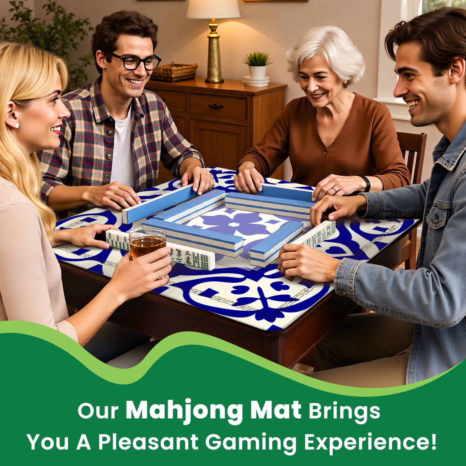 Mahjong Mat 31.5" x 31.5" Blue White Ornamental Tile Symmetrical Floral Heart Motifs Non-Slip Noise Reduction American Mahjong Tiles Table Cover for Dominoes Poker Card Board Games Gift