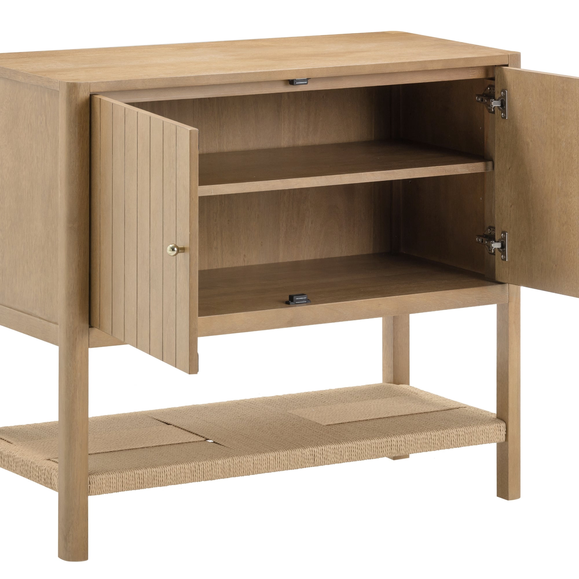 Nathan James Meads Mid Century Modern Cabinet with Doors, Solid Wood Kitchen Cabinet with Adjustable Interior Shelf and Seagrass Bottom Storage, Light Brown