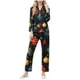 thumbnail image 2 of Conjunto de blusa y pantalón de manga larga con estampado de botones y cuello vuelto para mujer, blusa y pantalón de poliéster para mujer, 2 of 9