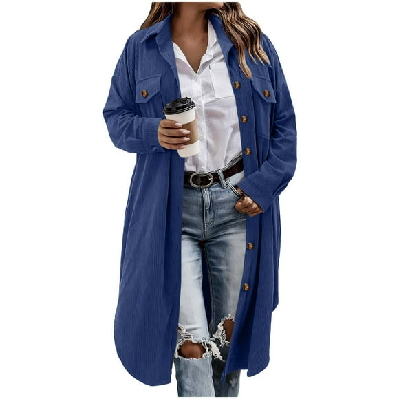 LIaqionyy Women's Corduroy Long Shirt Jacket Shacket Button down Casual Fashion Jackets Coats with Pocket