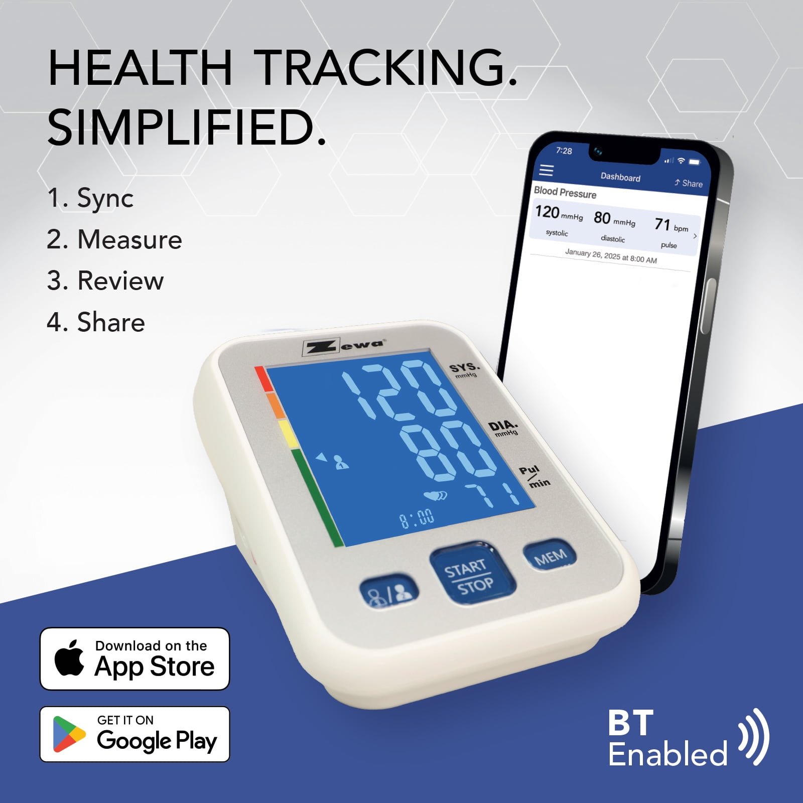 Zewa Smart Arm Blood Pressure Monitor | 60-Reading Memory | 2 Adjustable Cuffs (8.7”-16.5” & 13.4”-18.9”) | Irregular Heartbeat Detection | Illuminated Display | Date & Time Function