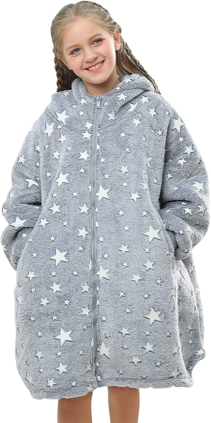 Kids Glow In The Dark Wearable Blanket Hoodie - Sherpa Lined Snuggie For Christmas & Gifts