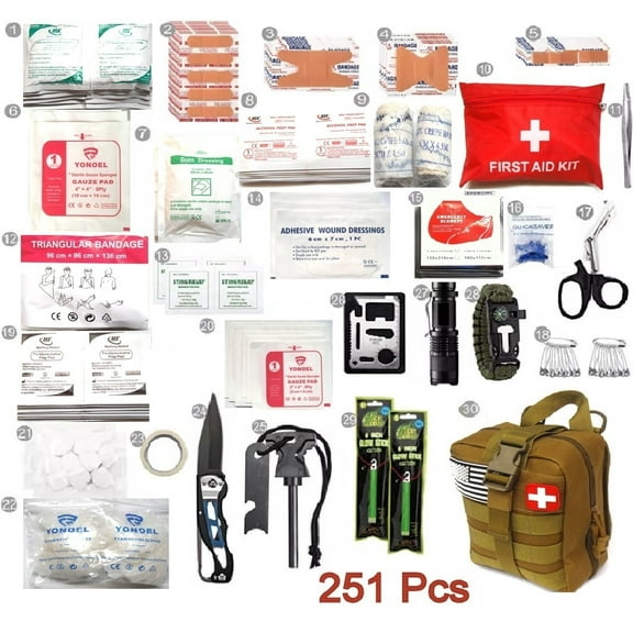 251 Pcs Travel First Aid Kit Treat and Protect Most Injuries, Ready For Emergency Rescue At Home, Office ,Outdoors, Car, Truck, Camping, Workplace, Traveling , Hiking , Camping , Boating..Khaki