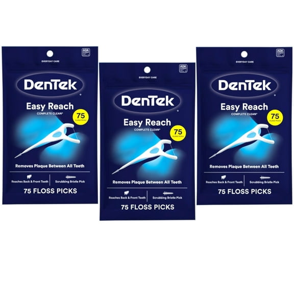 DenTek Easy Reach Complete Clean Floss Picks, with Strong Dental Floss, 75 Count, 3 Pack