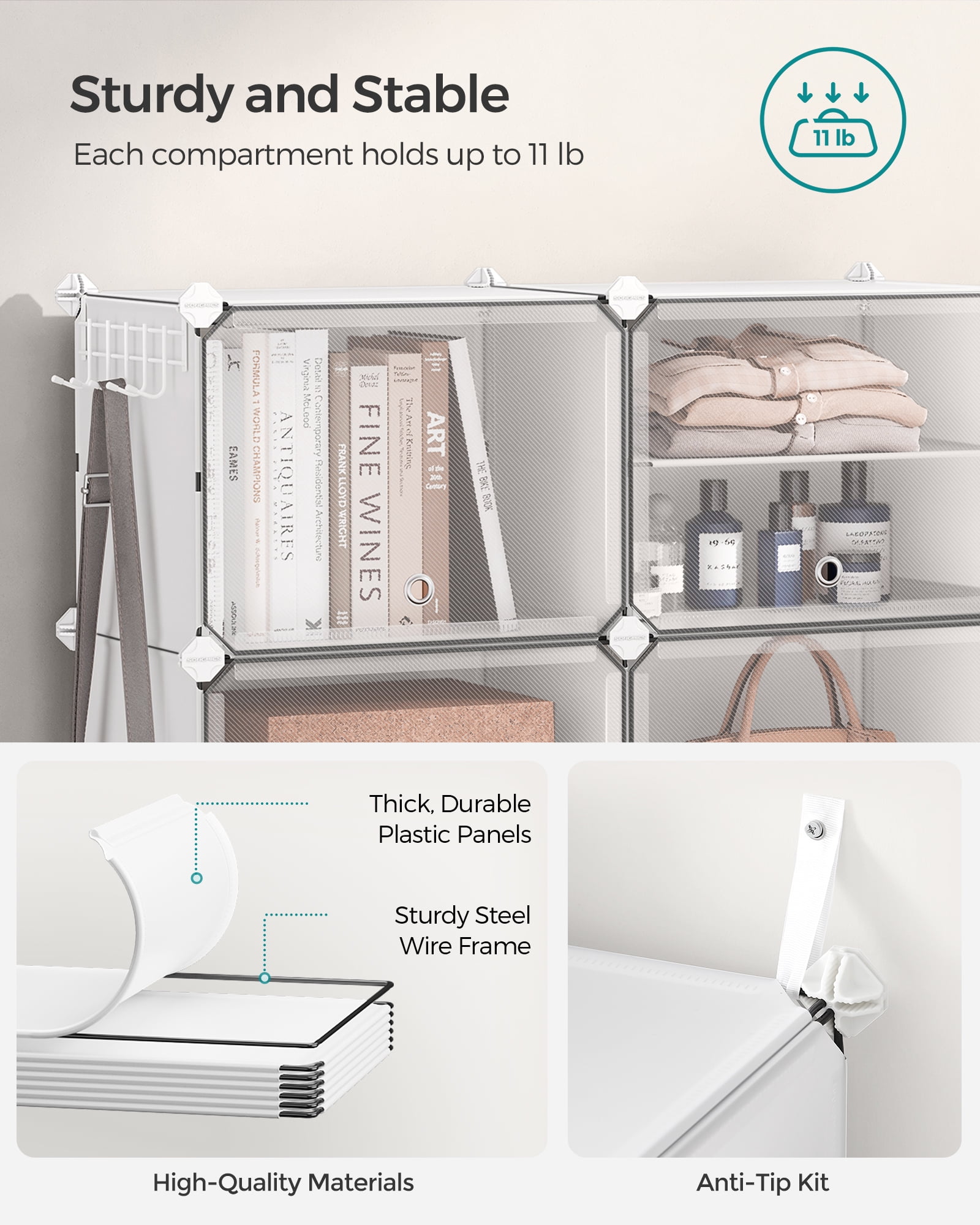 SONGMICS 10-Cube Shoe Rack with Doors, White Plastic Storage Cabinet for 40 Pairs of Shoes, Steel Frame, Entryway & Bedroom Organizer