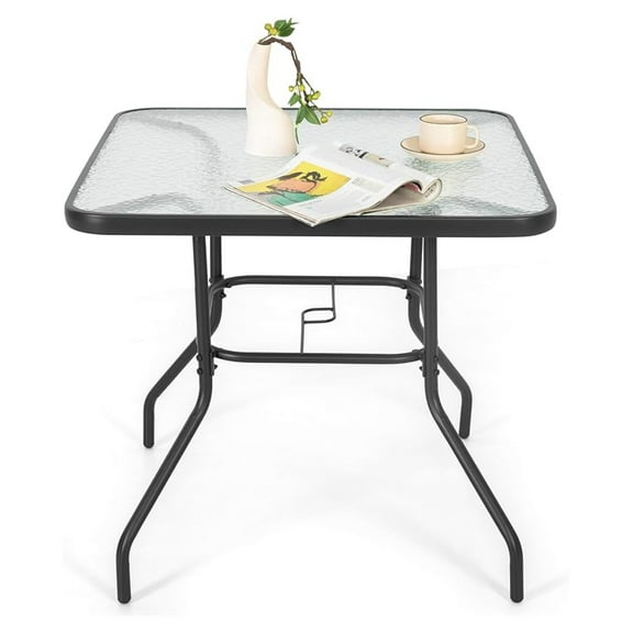 31.5" Square Patio DiningTable, Outdoor Bistro Table, Tempered Glass Top & Sturdy Metal Frame, Coffee Table with 1.97" Umbrella Hole for Lawn Balcony Yard Deck, Black