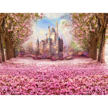 Image of ABPHOTO Polyester Cherry Blossoms Backgrounds for Studio Pink Flower Trees Petals Covered Road Rainbow Photography Backdrops Children Kids Princess Girl Castle Photo Shoot Backdrop (7x5ft)