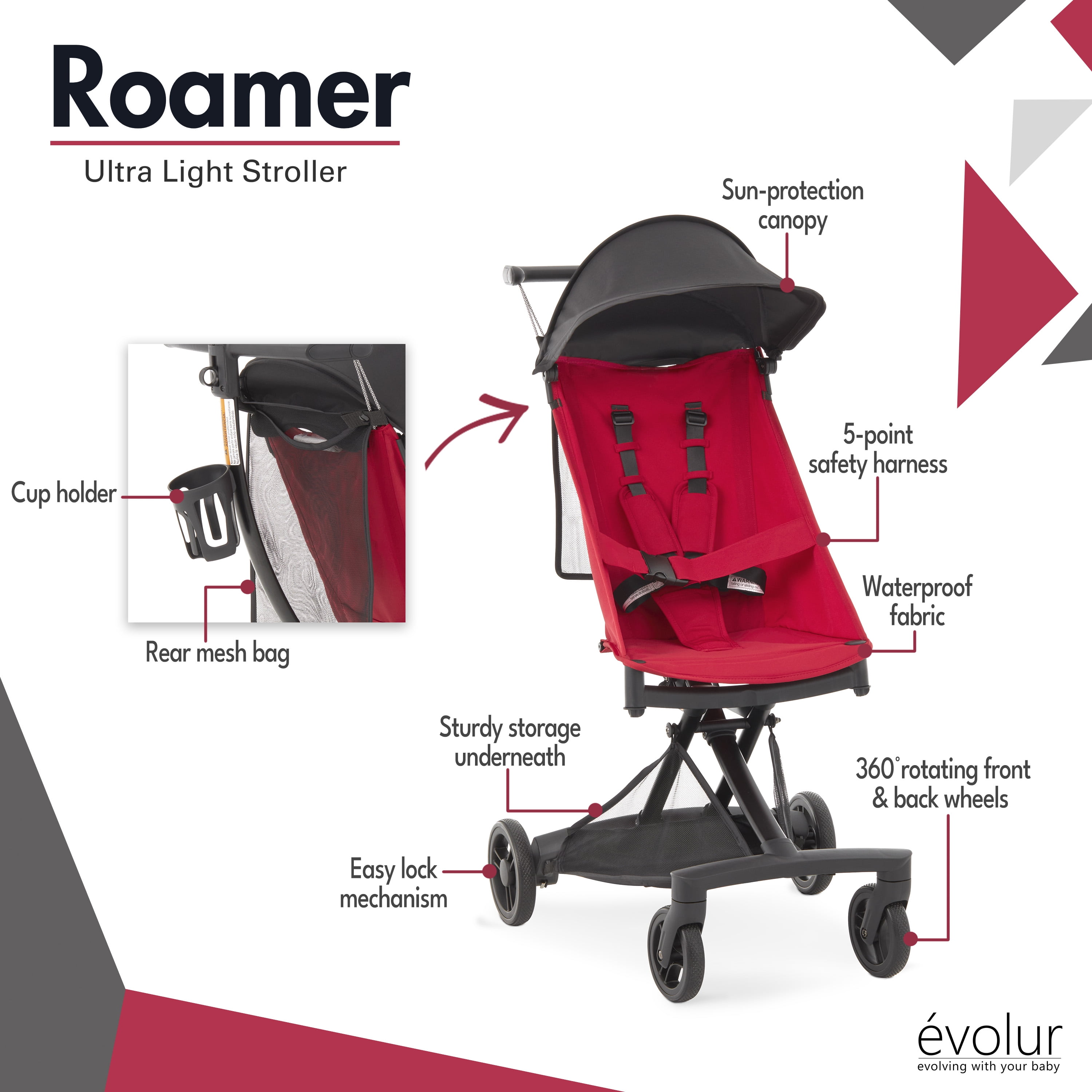 Evolur Roamer Ultra Light Stroller, Red
