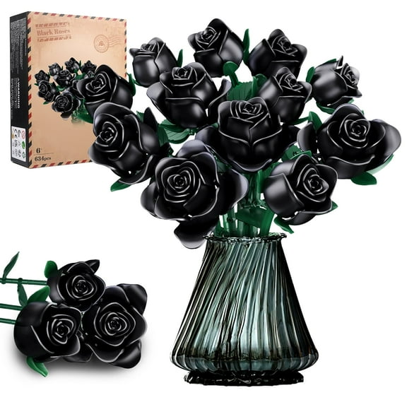 Flowers Bouquet Building Block Set, 12  Black Roses Botanical Collection  Compatible with Lego Gift for Girls Kids Women Valentine's Day Mothers Day Christmas Birthday gift, 624 PCS