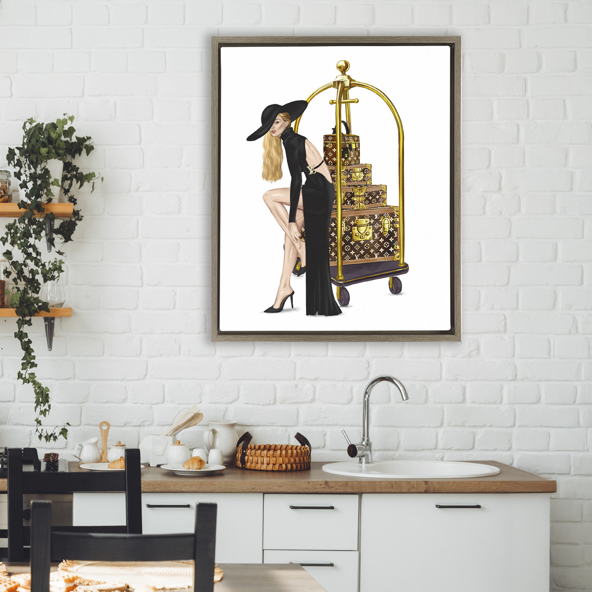 Fashionista with Hotel Luggage Brown Framed Floater Canvas Wall Art, design by Ziwei Li