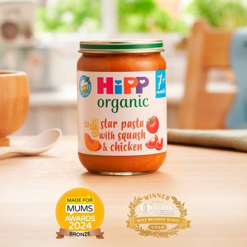 HiPP Organic Star pasta with Squash & Chicken Baby Food Jar 7+ Months 190g, British Import (Pack of 2)