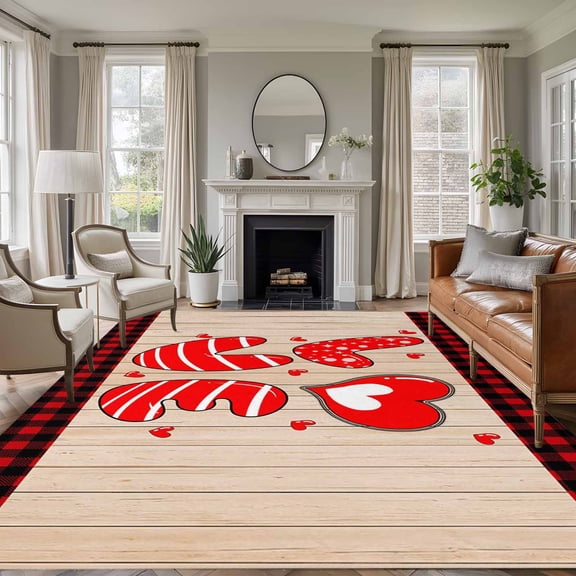 Large Area Rugs for Living Room Bedroom, Happy Valentine's Day 8'x10' Rug Washable Carpet Runner Indoor Outdoor, Love Heart Wood Red Black Plaid Non Slip Floor Mats Rug for Kitchen, Patio