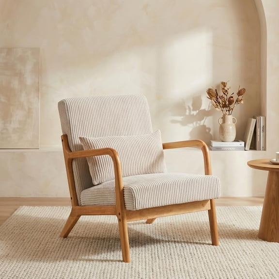 Lileigh Corduroy Upholstered Mid Century Modern Accent Chair with Wide Armrests and Pillow, Comfy Reading Armchair for Living Room, Bedroom, Guest Room (Beige Light Oak Finish Frame)