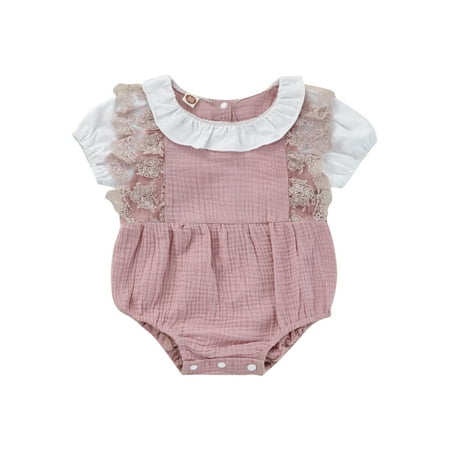 

Sunisery Newborn Baby Girls Summer Rompers Lacework Patchwork Short Sleeve Bodysuit Summer Clothes Purple 3-6 Months