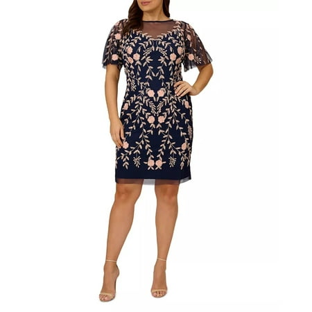 Adrianna Papell Floral Embroidered Flutter-Sleeve Dress