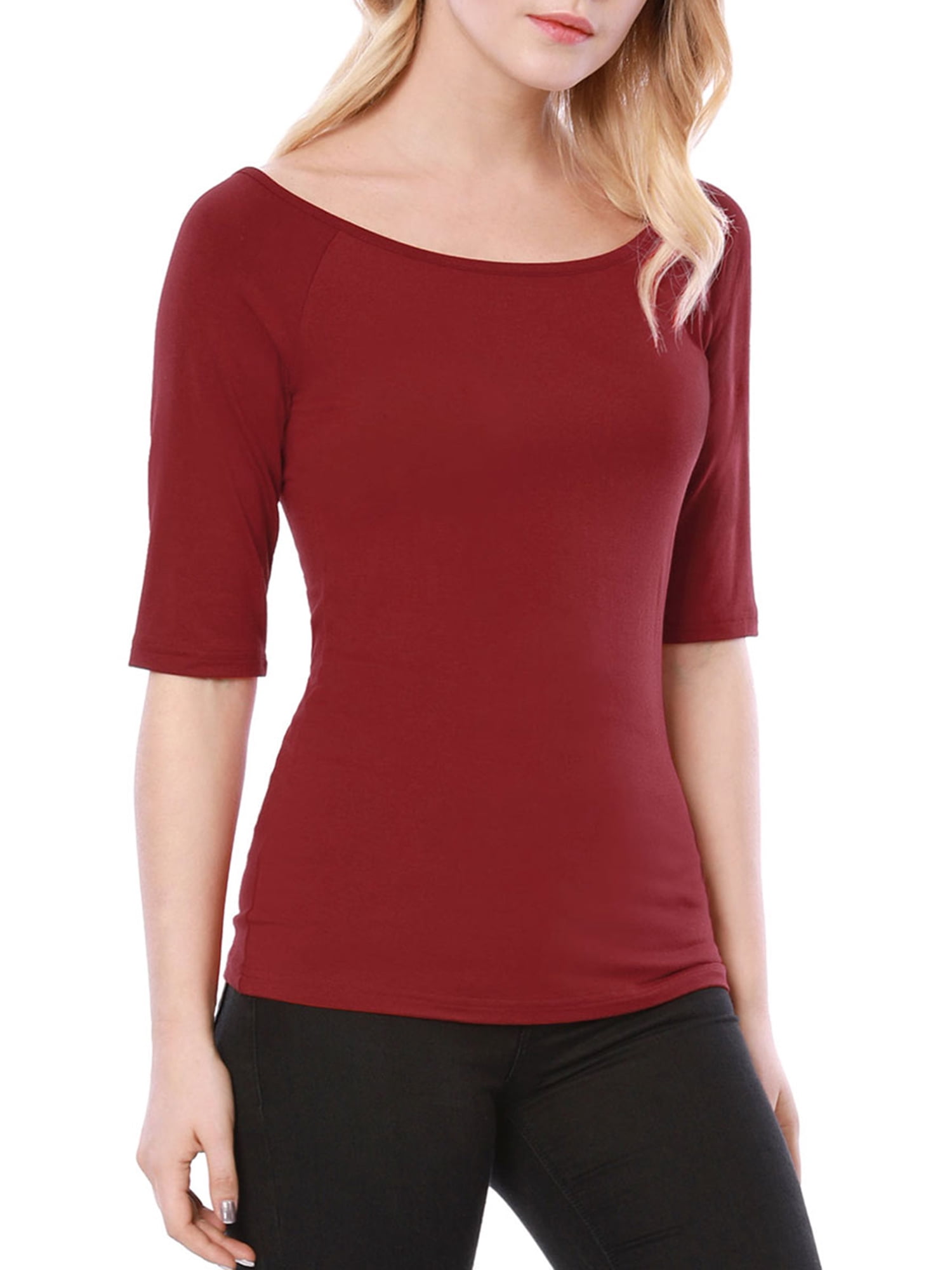 DARING DIVA Women's Slim Fit Pullover Boat Neck Stretchable T-Shirt L Red