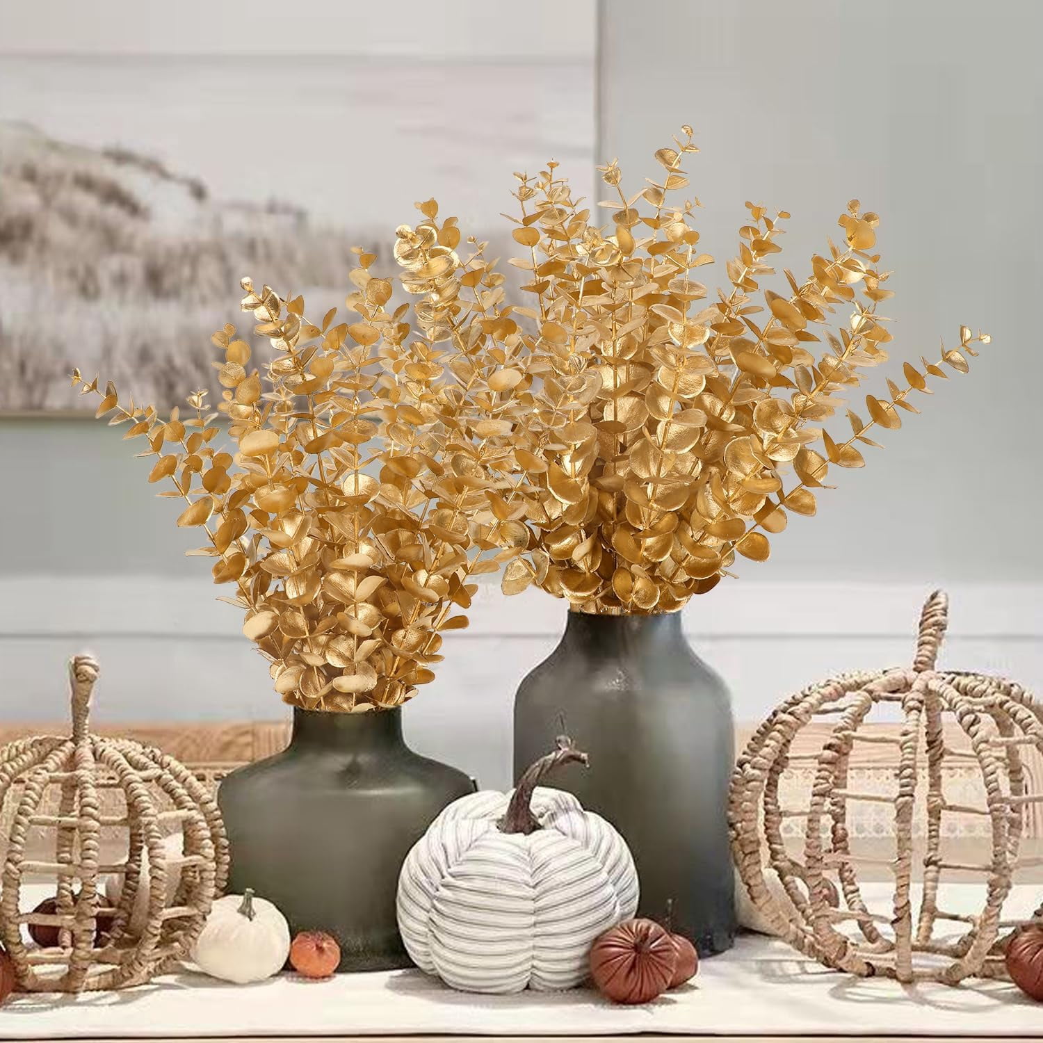 Asisol 40 Pieces Gold Artificial Eucalyptus Stems, Gold Leaves Artificial Flowers Fall Floral Arrangement Artificial Eucalyptus Flower for Gold Decor Wedding Party Bouquet Home Décor