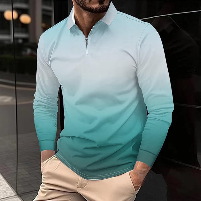 Blusa y camisa de manga larga con cuello vuelto para hombre, informal, con cuello vuelto, estampado, para fitness, deportiva, de manga larga, de poliéster